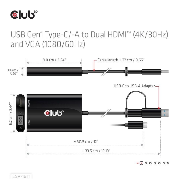 Club3D adaptér USB Gen1 Type-C/-A to Dual HDMI (4K/30Hz) / VGA (1080/60Hz)