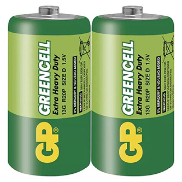Baterie jednorázová zinkochloridová, velký monočlánek, D, 1.5V, GP, fólie, 2-pack, Greencell?v=1754114405