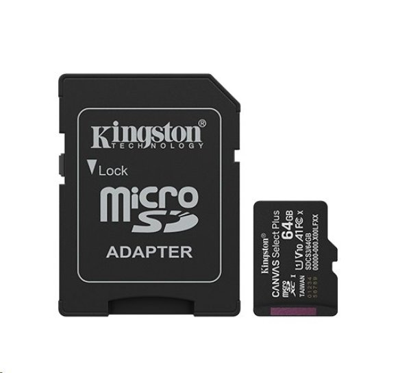 Kingston MicroSDXC karta 64GB Canvas Select Plus, U1, V10, A1, SD Adaptér