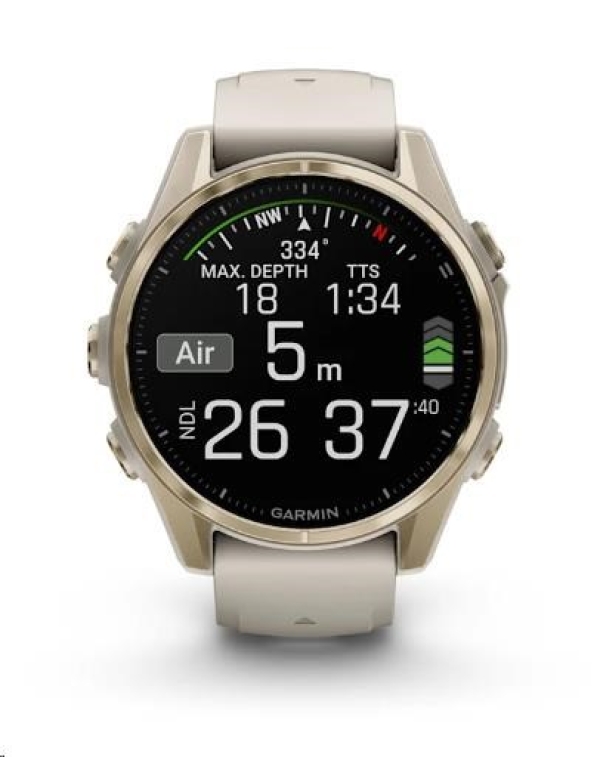 Garmin fenix® 8 – 43 mm, AMOLED, Sapphire, Soft Gold / Fog grey se silikonovým řemínkem, EU