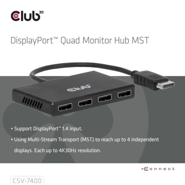 Club3D hub MST (Multi Stream Transport) DisplayPort 1.4 na 4x DisplayPort, Quad monitor, 4x 4K30Hz, 8K30Hz