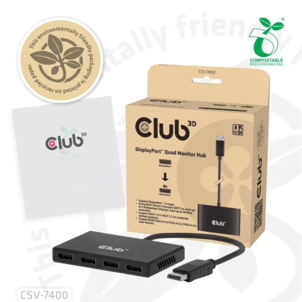 Club3D hub MST (Multi Stream Transport) DisplayPort 1.4 na 4x DisplayPort, Quad monitor, 4x 4K30Hz, 8K30Hz
