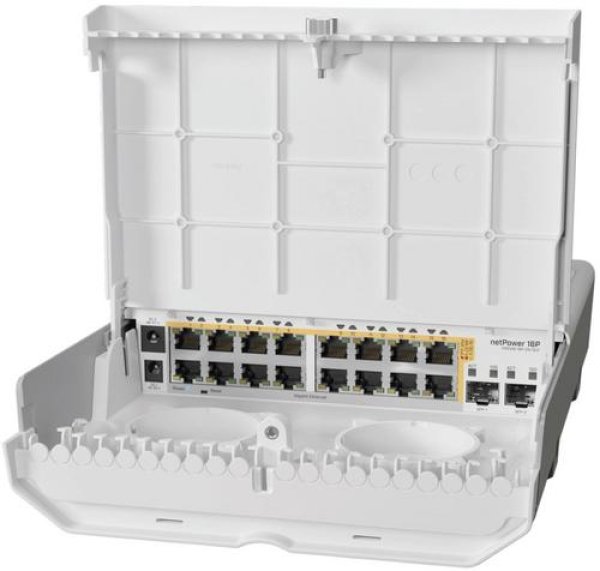 MikroTik Cloud Router Switch CRS318-16P-2S+OUT, 800MHz CPU, 256MB, 16x10/100/1000 (PoE-out),2xSFP+, vč.L5, venkovní