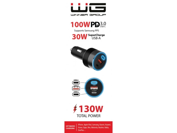 WG - Nabíječka do auta 3x USB 130W, 1x USB-C PD 100W + 1x USB-C 30W + 1x USB-A 18W, černá