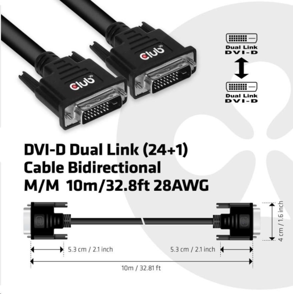 Club3D kabel DVI-D Dual Link (24+1), 10m, Bidirectional, 28 AWG