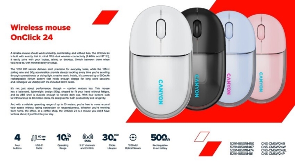 CANYON mouse OnClick 24 BT/ Wireless Transparent/Blue