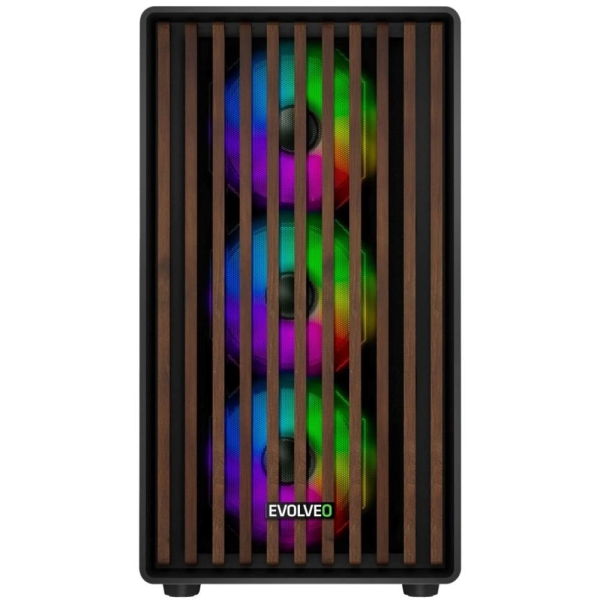 EVOLVEO Panthera, skříň mATX, 6x ARGB ventilátor 120mm, dřevěný přední panel + skleněná bočnice