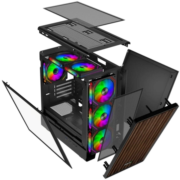 EVOLVEO Panthera, skříň mATX, 6x ARGB ventilátor 120mm, dřevěný přední panel + skleněná bočnice