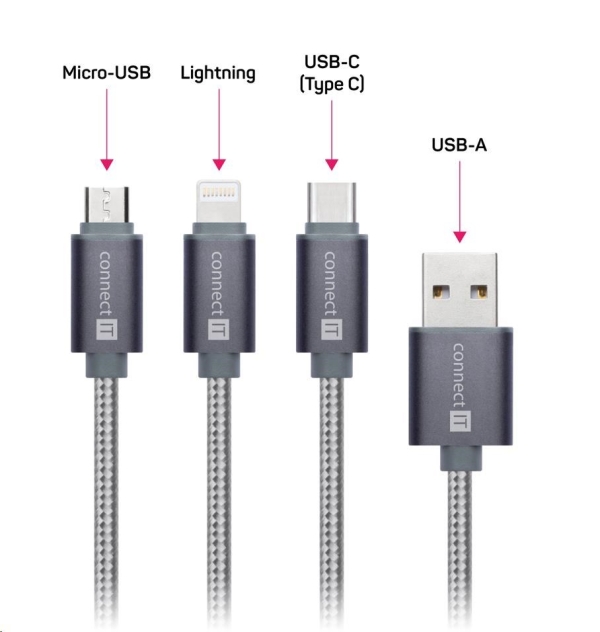 CONNECT IT Wirez 3in1 USB-C & Micro USB & Lightning, silver gray, 1,2 m