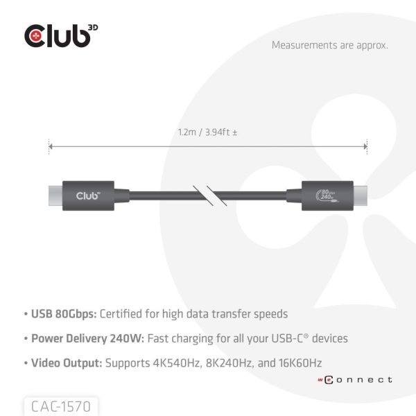 Club3D Kabel USB4 v2 Typ-C, 80Gbps, Certifikovaný kabel, 4K540Hz, 16K60Hz, PD 240W, 1m