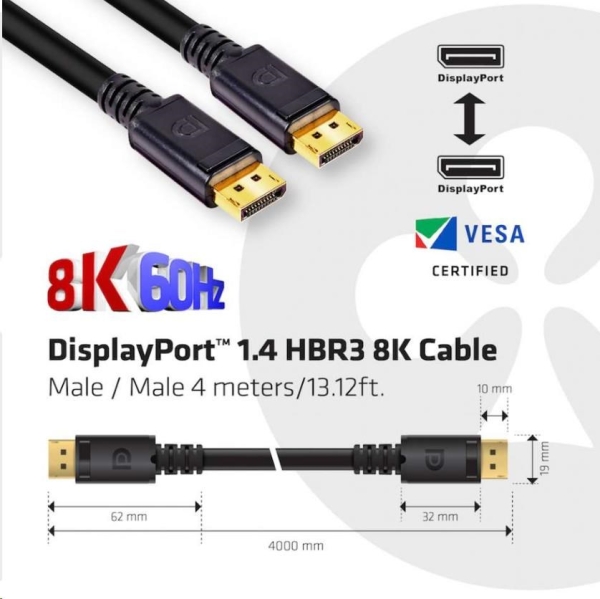 Club3D Kabel certifikovaný DisplayPort 1.4 HBR3, 8K60Hz (M/M), černé koncovky, 4m, 24 AWG