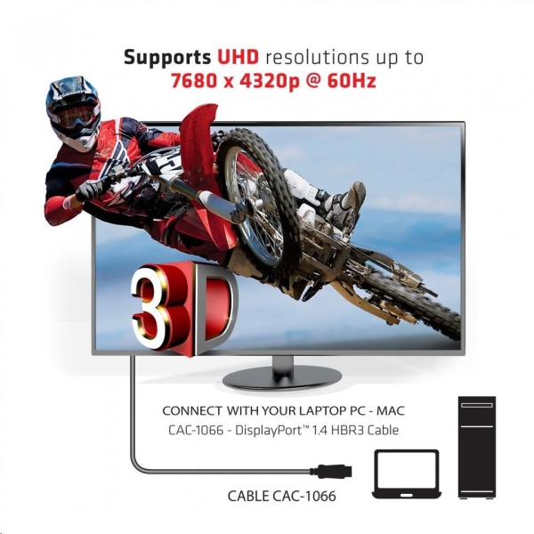 Club3D Kabel certifikovaný DisplayPort 1.4 HBR3, 8K60Hz (M/M), černé koncovky, 4m, 24 AWG