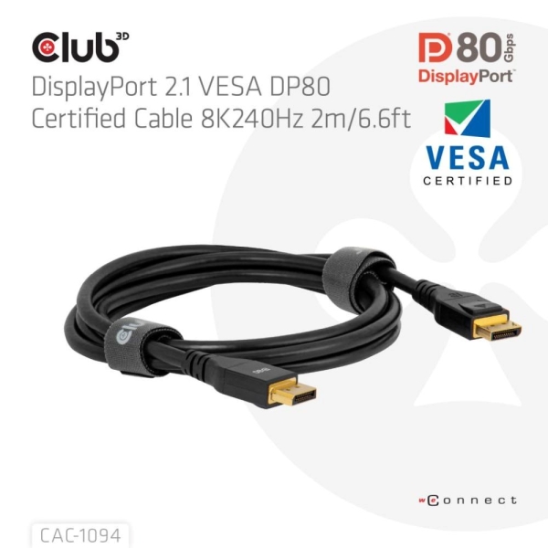 Club3D Kabel DisplayPort 2.1 na DisplayPort 2.1, VESA DP80, 8K240Hz/10K60Hz (M/M), 2m, černá