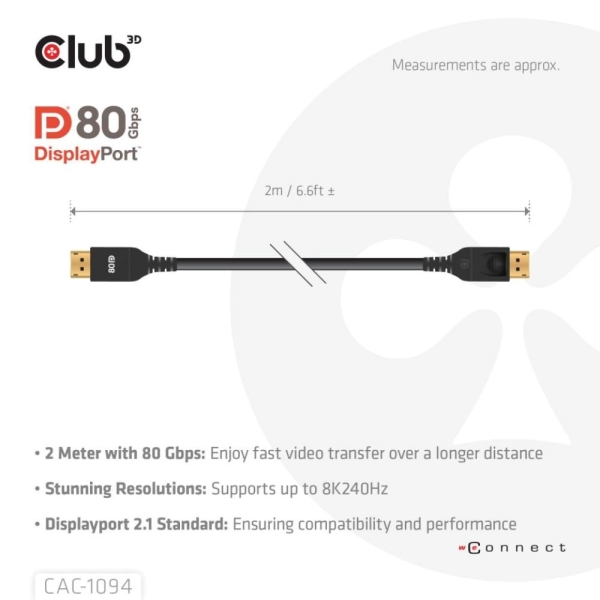 Club3D Kabel DisplayPort 2.1 na DisplayPort 2.1, VESA DP80, 8K240Hz/10K60Hz (M/M), 2m, černá