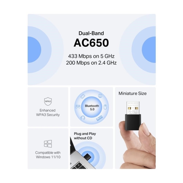 MERCUSYS MA20NB WiFi5 USB nano adapter (AC650,2,4GHz/5GHz,Bluetooth5.0,USB2.0)