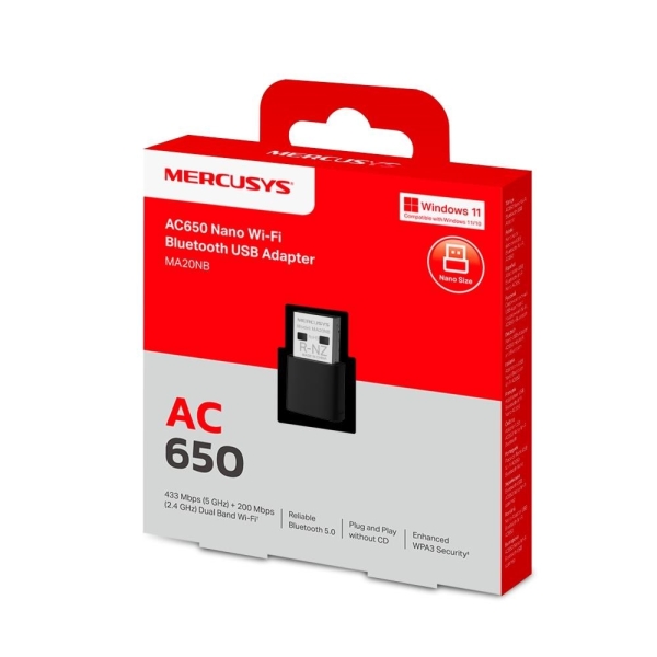 MERCUSYS MA20NB WiFi5 USB nano adapter (AC650,2,4GHz/5GHz,Bluetooth5.0,USB2.0)