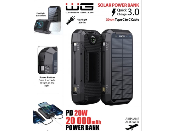 WG - Power Bank 20000 mAh, solarní panel + bezdrátové nabíjení 15W + svítilna + kompas, USB-C PD 20W, černá
