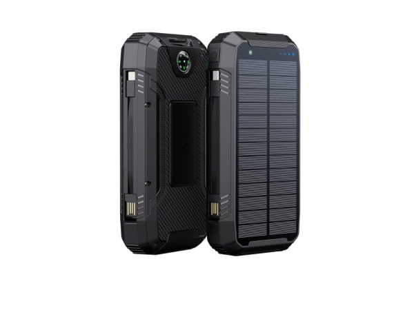 WG - Power Bank 20000 mAh, solarní panel + bezdrátové nabíjení 15W + svítilna + kompas, USB-C PD 20W, černá