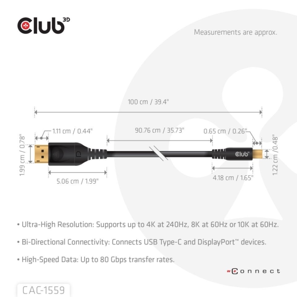 Club3D Kabel USB-C na DisplayPort 2.1, 10K60Hz, DSC1.2, UHBR10, 1m