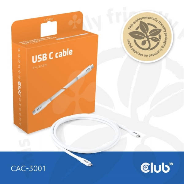 Club3D Kabel USB-C 4.0, 20Gbps, 4K60Hz, PD 240W, 2m, bílá