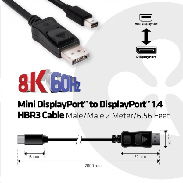 Club3D Adaptér mini DisplayPort 1.4 na DisplayPort 1.4, HBR3 8K60Hz/4K120Hz (M/M), 2m