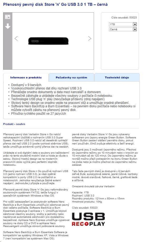 VERBATIM HDD 2.5'', 1TB, USB 3.0, Black