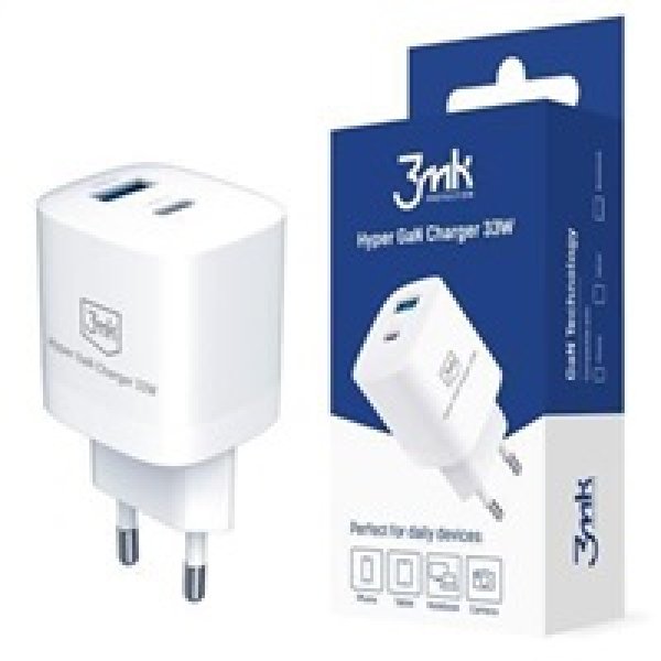 3mk nabíječka do sítě Hyper Charger 33W, GaN, 1x USB-C (PD) + 1x USB, bílá?v=1747166405