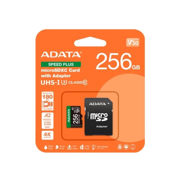ADATA MicroSDXC karta 256GB Speed Plus, U3, C10, A2, V30 (R:180/W:160 MB/s) + SD adaptér