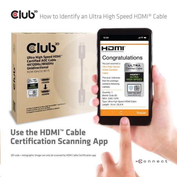 Club3D Kabel Ultra Rychlý HDMI™ Certifikovaný AOC Kabel 8K60Hz, 4K120Hz, 10m