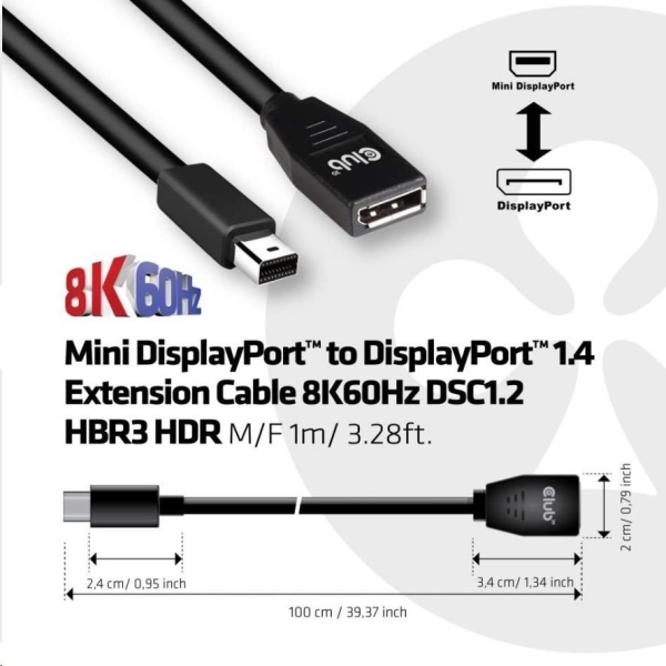 Club3D Prodlužovací kabel Mini DisplayPort 1.4 na DisplayPort 8K 60Hz DSC 1.2 HBR3 HDR Bidirectional (M/F), 1m