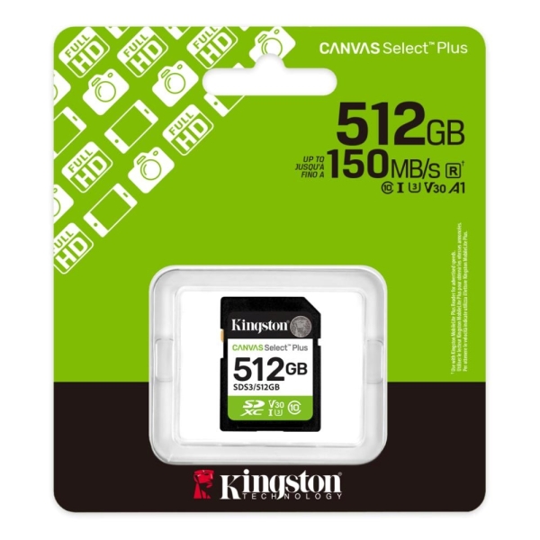 Kingston paměťová karta 512GB Canvas Select Plus Gen 3 SDXC 150R U1 UHS-I C10 V10