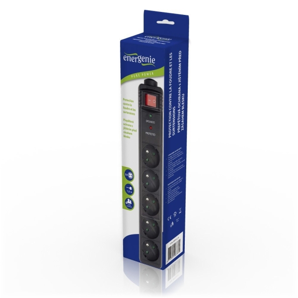 GEMBIRD surge protector, 5 zásuvek French sockets, 1.5m, black, přepětová ochrana