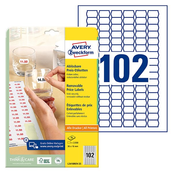 Avery Zweckform cenovky 26mm x 16mm, A4, bílé, 102 etiket, snímatelné, baleno po 25 ks, L3410REV-25, pro laserové a inkoustové tis