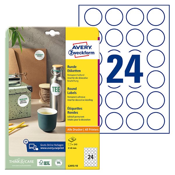 Avery Zweckform etikety 40mm, A4, bílé, 24 etiket, baleno po 10 ks, L3415-10, pro laserové a inkoustové tiskárny, kopírky