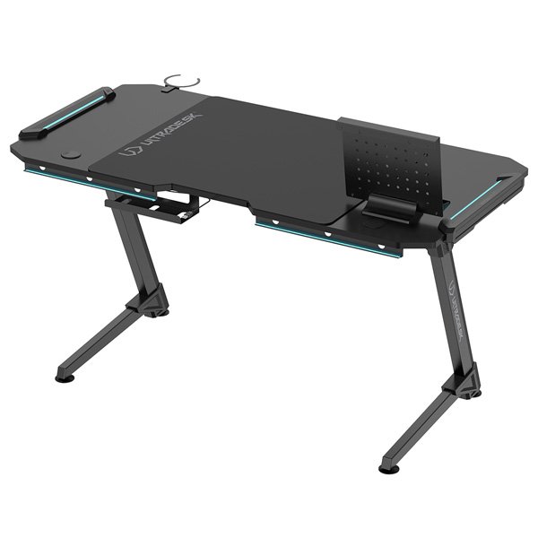 ULTRADESK Herní stůl SPACE XXL V2 BLACK, 144x70 cm, 75 cm, LED RGB podsvícení s dotykovým panelem, s XXL podložkou pod myš