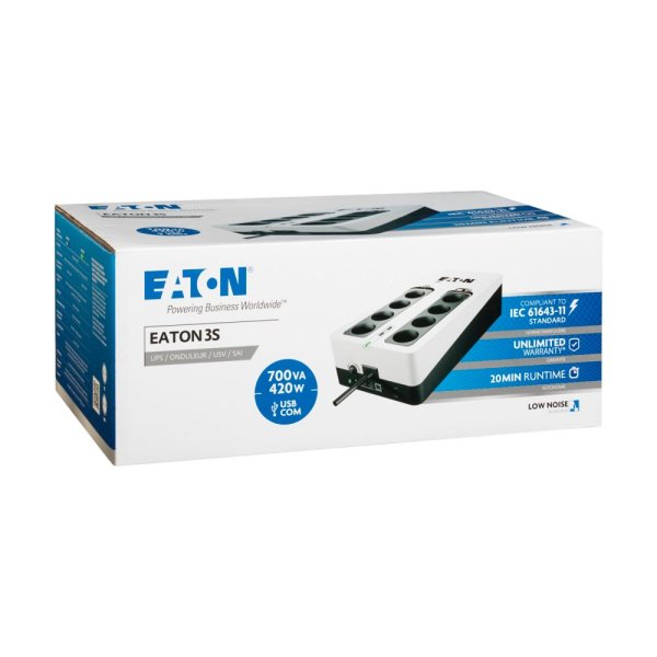 Eaton 3S 700 FR, UPS 700VA / 420W, 8 zásuvek (4 zálohované), USB, 2x USB charge, české zásuvky