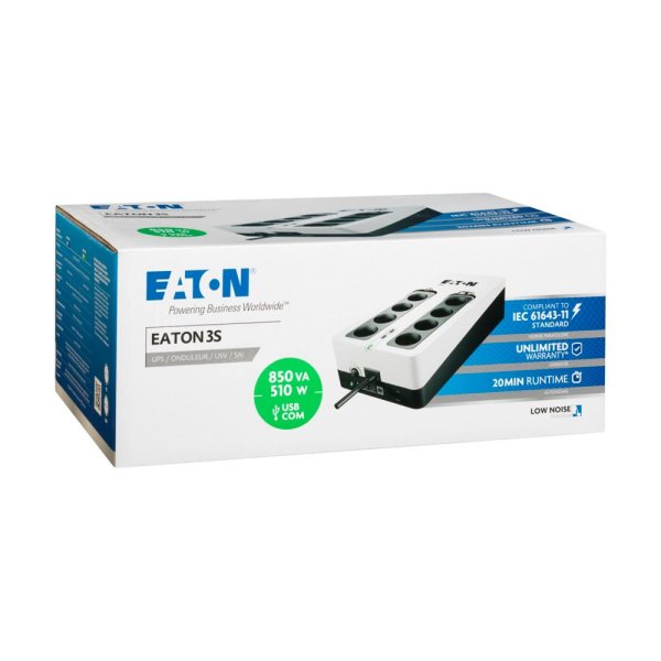 Eaton 3S 850 FR, UPS 850VA / 510W, 8 zásuvek (4 zálohované), USB, 2x USB charge, české zásuvky