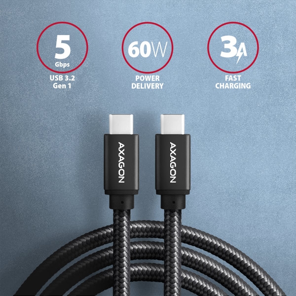 AXAGON BUCM3-CM15AB, SPEED kabel USB-C <-> USB-C, 1.5m, USB 3.2 Gen 1, PD 60W 3A, ALU, oplet, černý