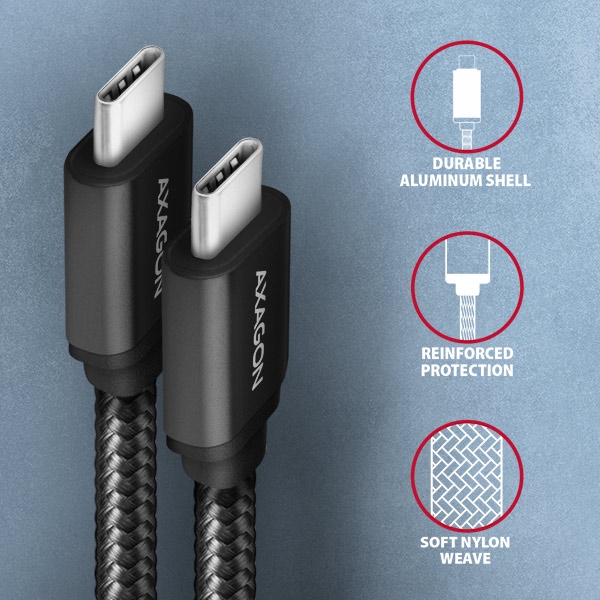 AXAGON BUCM3-CM15AB, SPEED kabel USB-C <-> USB-C, 1.5m, USB 3.2 Gen 1, PD 60W 3A, ALU, oplet, černý