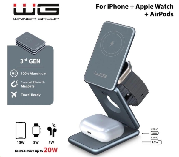 WG - Bezdrátová nabíječka WG39, 3v1, 15W+5W+3W, šedá