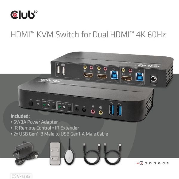 Club3D síťový přepínač - Switch, HDMI KVM Switch - Dual HDMI 4K 60Hz