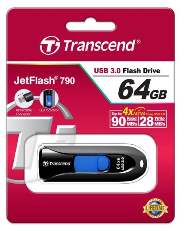 TRANSCEND Flash Disk 64GB JetFlash®790, USB 3.1 (R:90/W:30 MB/s) černá/modrá