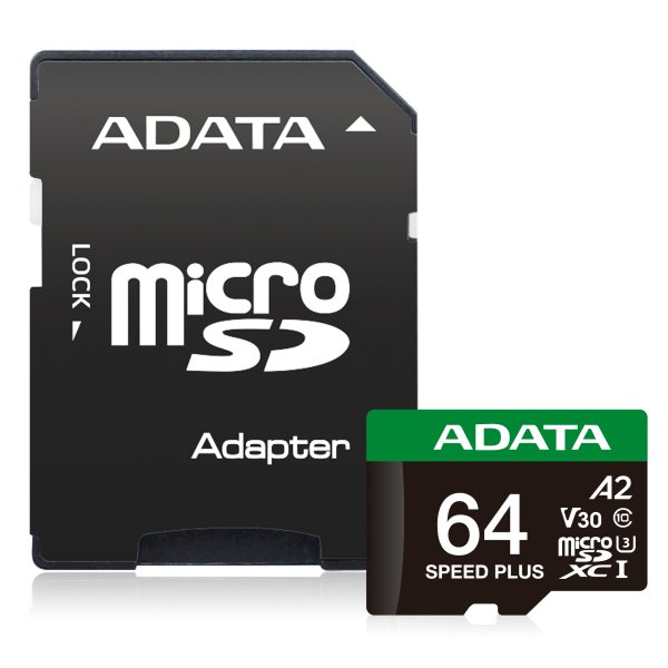ADATA MicroSDXC karta 64GB Speed Plus, U3, C10, A2, V30 (R:160/W:140 MB/s) + SD adaptér