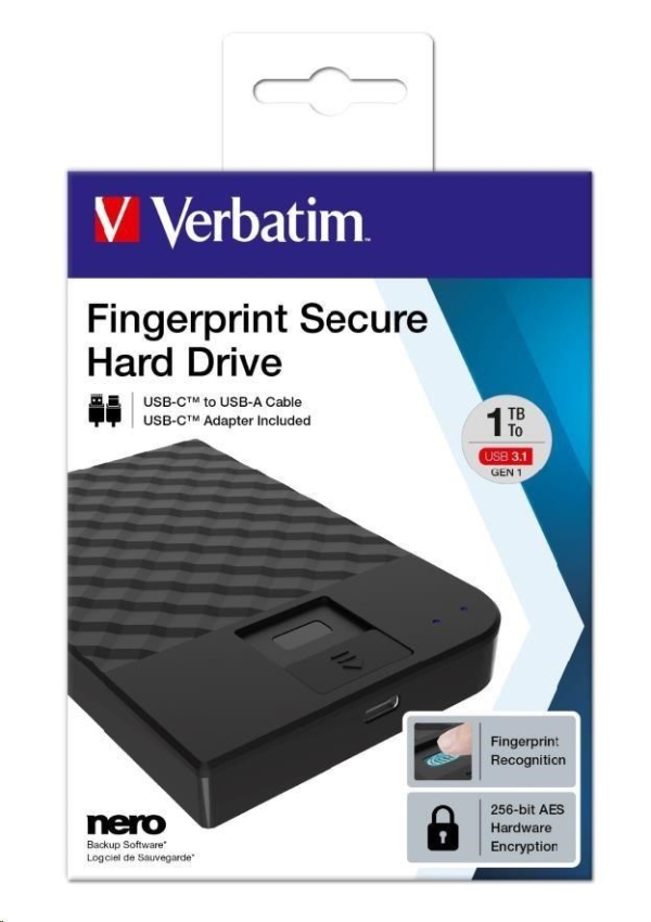 VERBATIM HDD 2TB Fingerprint Secure Portable Hard Drive, Black GDPR