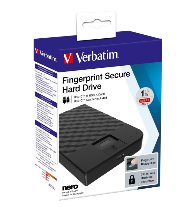 VERBATIM HDD 2TB Fingerprint Secure Portable Hard Drive, Black GDPR