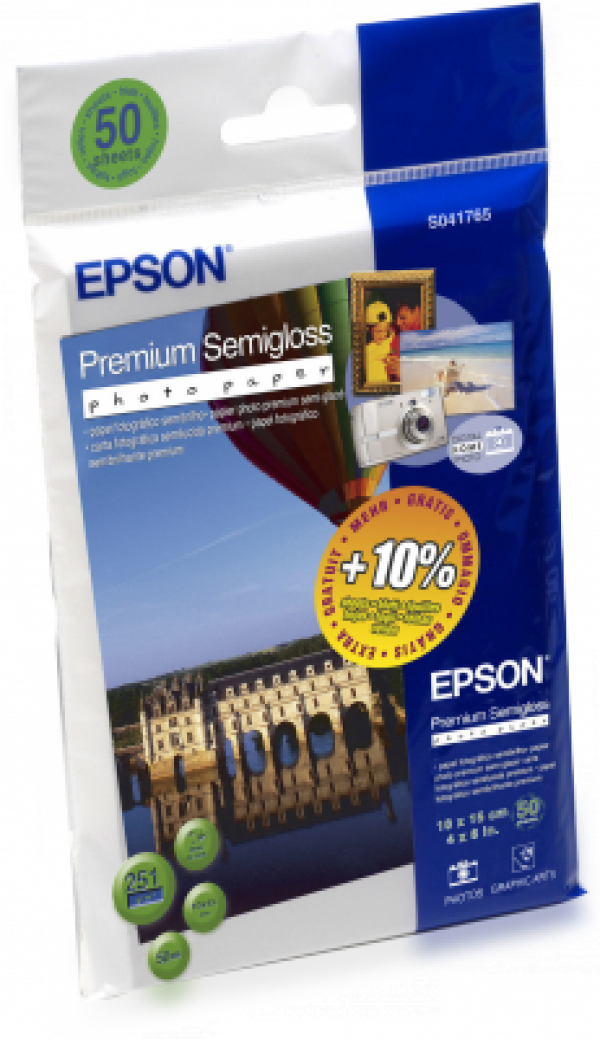 Epson Premium Semigloss Photo Paper, foto papír, lesklý, bílý, 10x15cm, 4x6", 251 g/m2, 50 ks, C13S041765, inkoustový