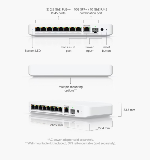 Ubiquiti UniFi Switch Flex 2.5G PoE (USW-Flex-2.5G-8-PoE), 8-Port 2.5Gbt PoE++, 1x 10GbE RJ45/SFP+, PoE- budget 196W