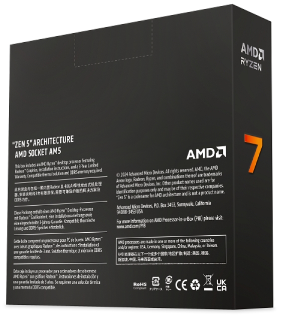 AMD cpu Ryzen 7 9700X AM5 Box (bez chladiče, 3.8GHz / 5.5GHz, 8+32MB cache, 65W, 8x jádro, 16x vlákno, grafika), Zen5 Granite Ridge AM5