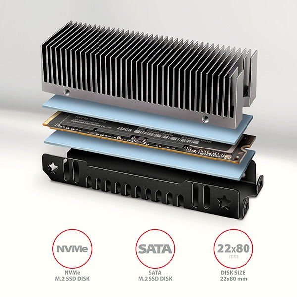 AXAGON CLR-M2XT, hliníkový pasivní chladič pro jedno i oboustranný M.2 SSD disk, výška 20 mm