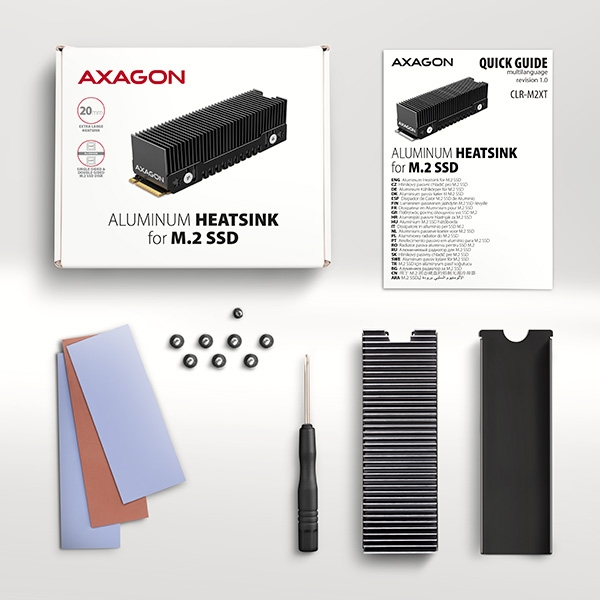 AXAGON CLR-M2XT, hliníkový pasivní chladič pro jedno i oboustranný M.2 SSD disk, výška 20 mm